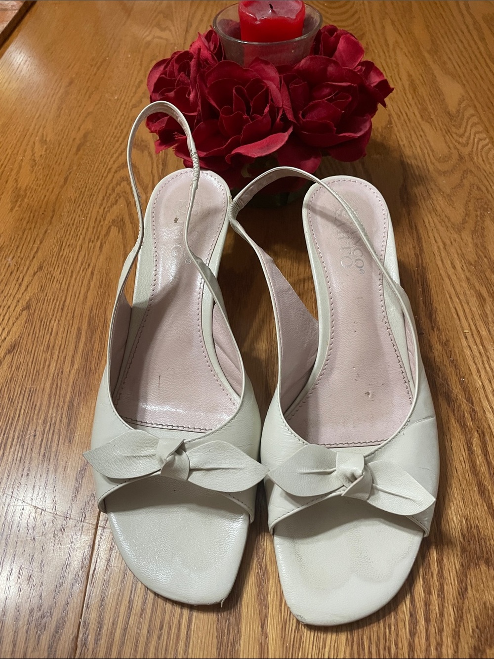 Franco Sarto Cream Slingback Peep-Toe Sandals with Bow Detail